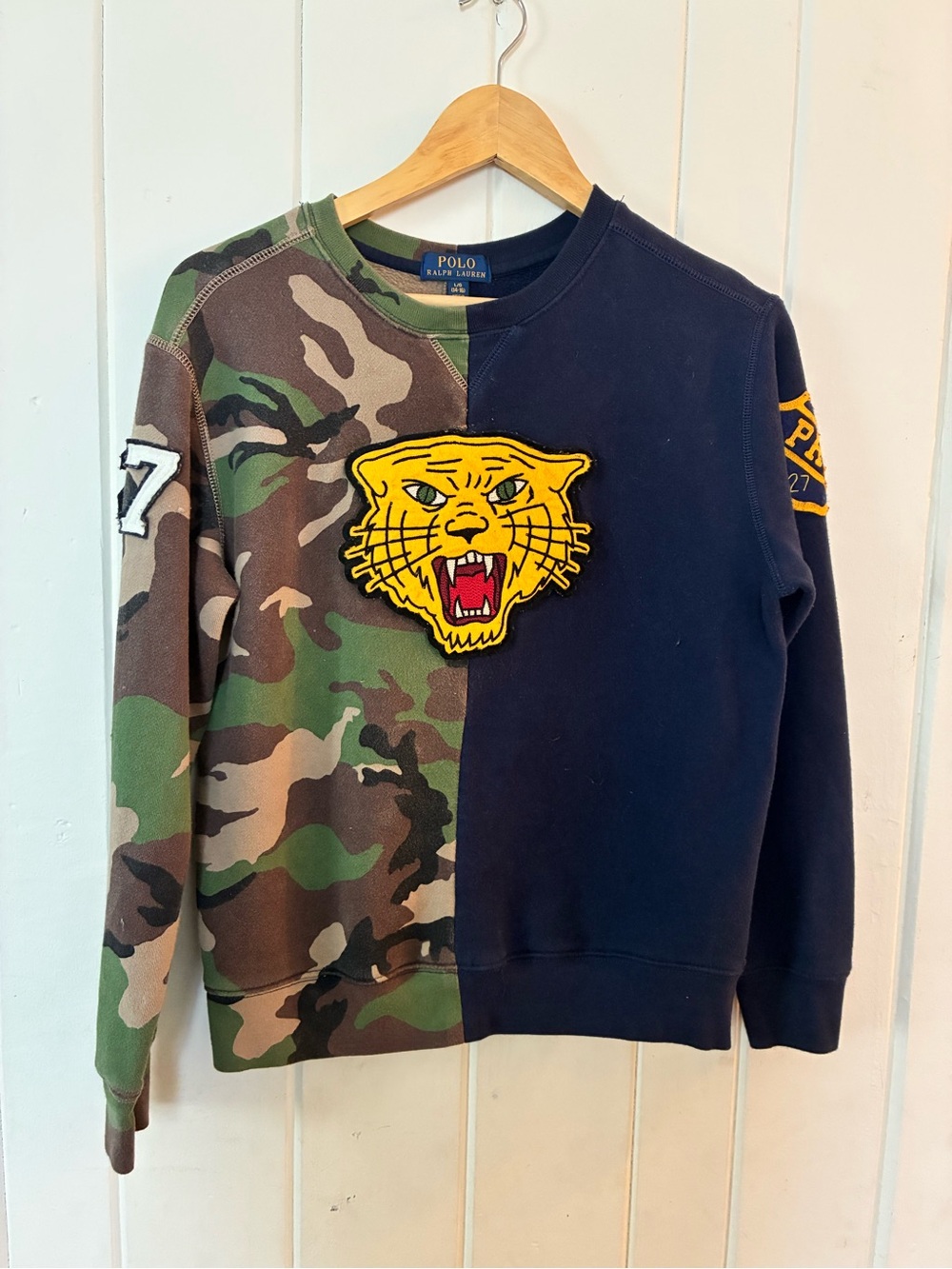 Polo by Ralph Lauren Split Camo and Navy Crewneck with Yellow Panther Patch